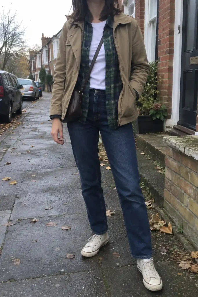 Open green and navy plaid shirt over a white tee, with a tan jacket, dark jeans, off-white sneakers, and brown crossbody bag.
