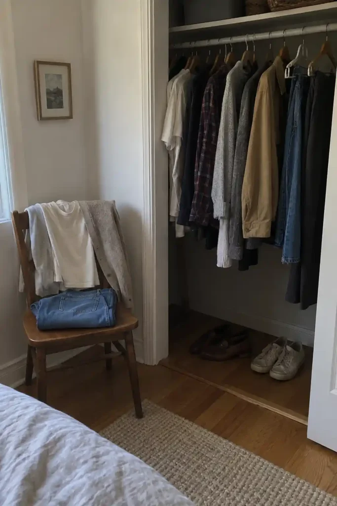 Open closet with shirts, knits, a tan jacket and jeans, beside a chair holding a cream tee, cardigan and folded jeans.