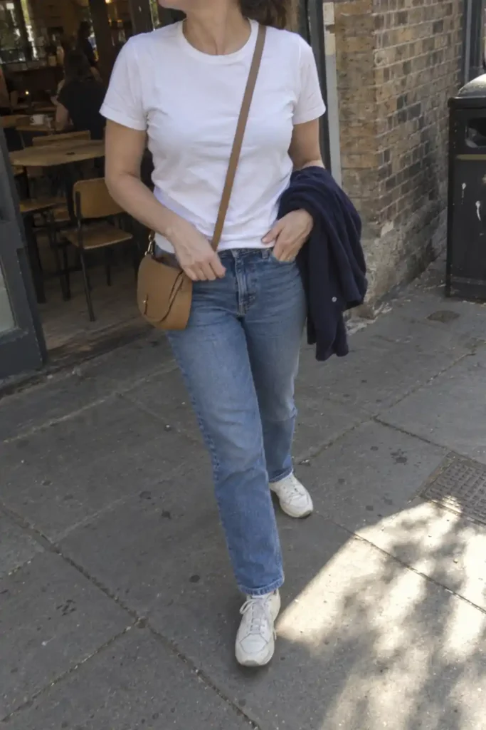 Woman wearing a white tee, straight-leg blue jeans, and off-white sneakers, carrying a navy cardigan over her arm.