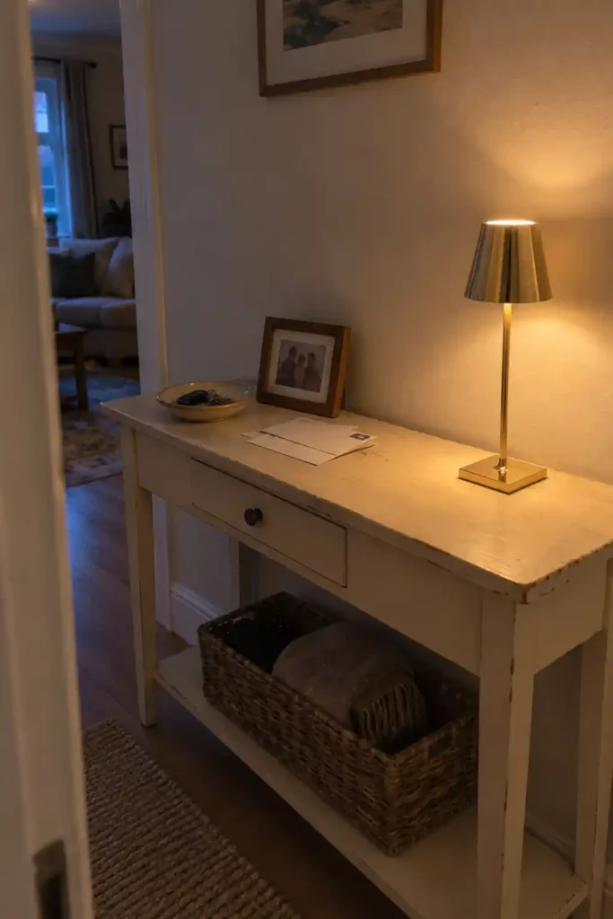 Gold cordless lamp glowing on a cream hallway console beside a framed photo, envelopes and a dish of keys.