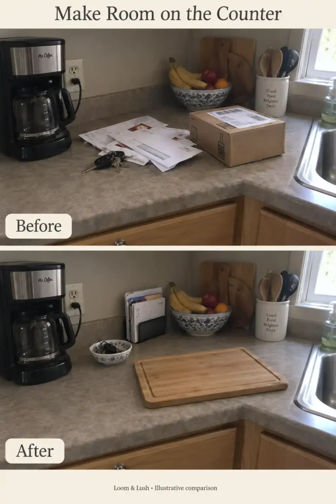 Kitchen counter before and after, with scattered mail, keys, and a parcel replaced by organized papers and space for a chopping board.