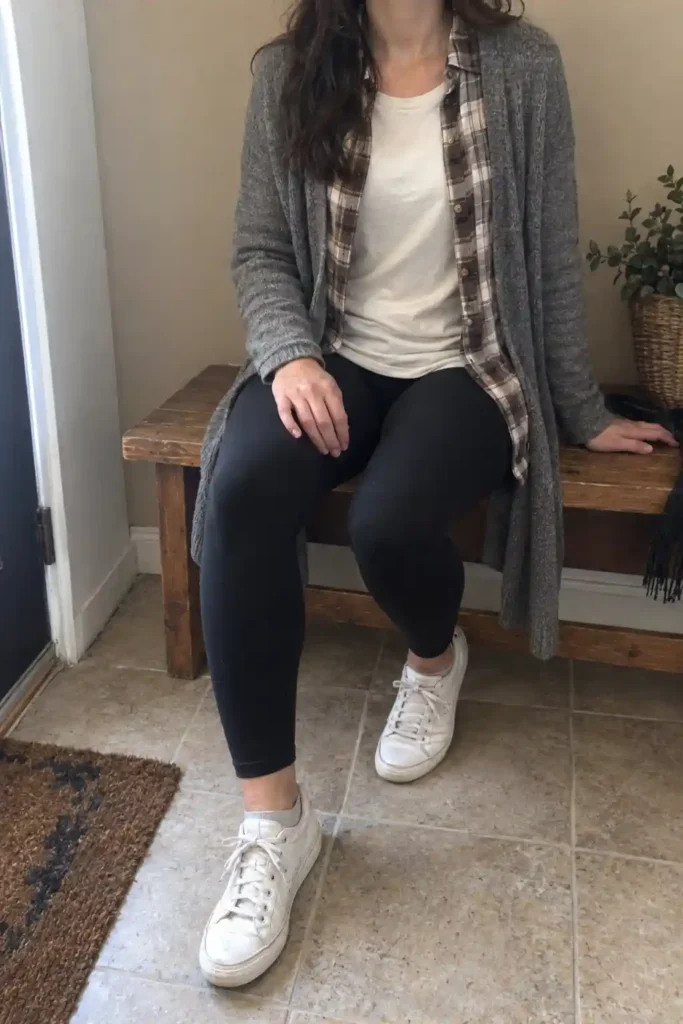 Woman seated on a wooden bench in a brown and cream plaid shirt, cream tee, long gray cardigan, black leggings, and white sneakers.