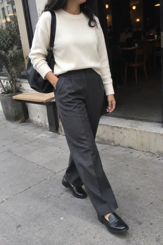 Woman wearing a cream knit tucked into charcoal trousers with black loafers and a black shoulder bag.