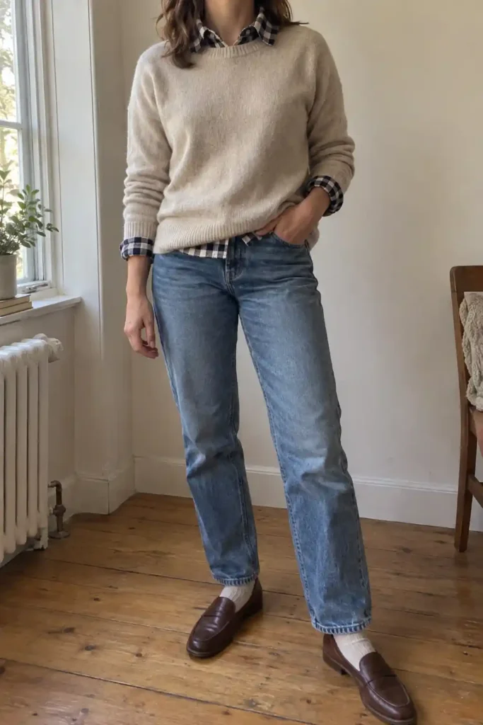 Navy and cream checked shirt under an oatmeal sweater, paired with blue jeans, cream socks, and brown loafers.