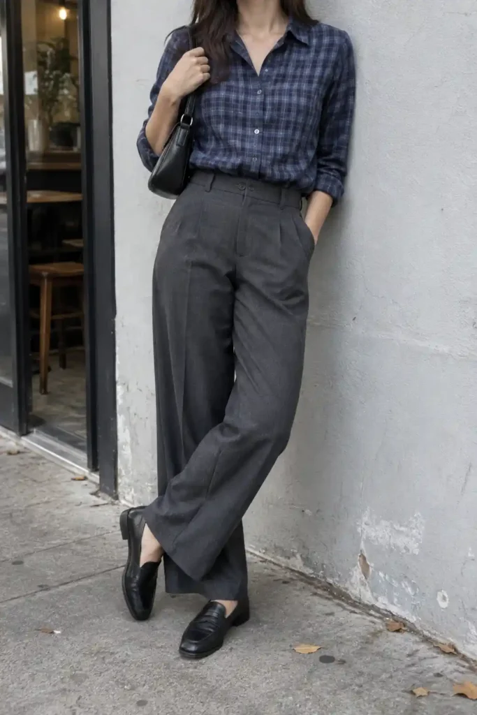 Woman leaning against a wall with ankles crossed, wearing a tucked navy plaid shirt, charcoal wide-leg trousers, black loafers, and a black shoulder bag.