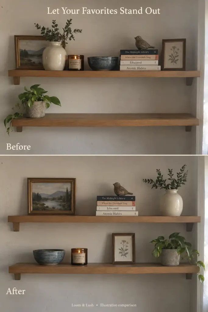 Two wooden shelves before and after rearranging framed art, books, a vase, a candle, a bowl, a bird ornament, and a plant.