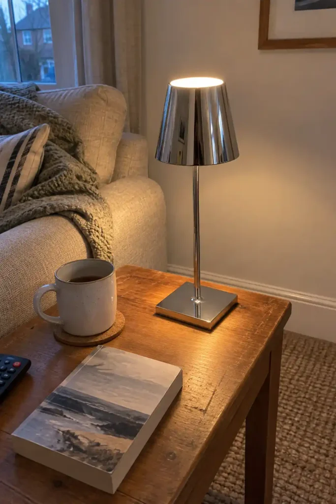 Chrome cordless lamp on a wooden side table beside a beige sofa, with a mug, paperback and remote.
