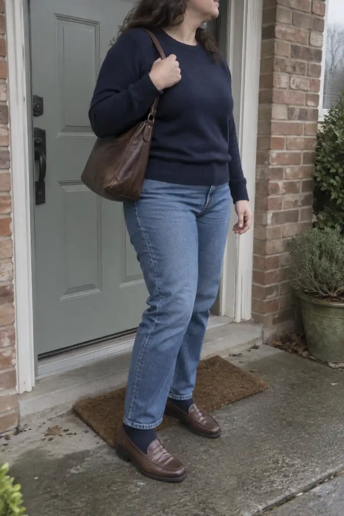 Woman in a navy crewneck sweater, blue jeans, brown penny loafers, and dark socks, with a brown shoulder bag.