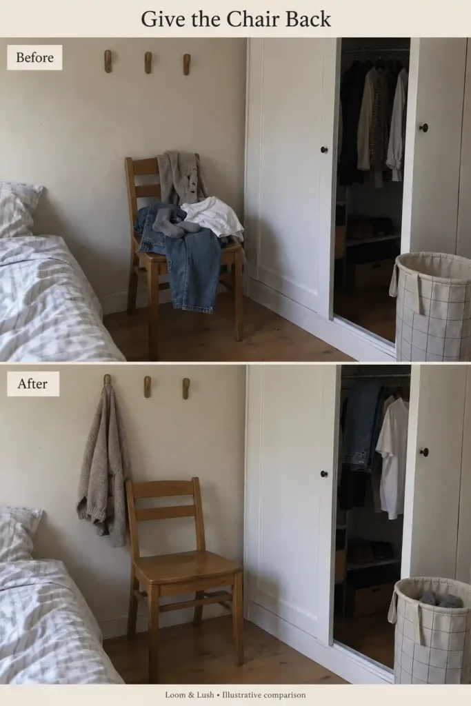 Bedroom chair piled with jeans, a cardigan, a T-shirt, and socks, then cleared with clothes hung nearby and socks in a hamper.