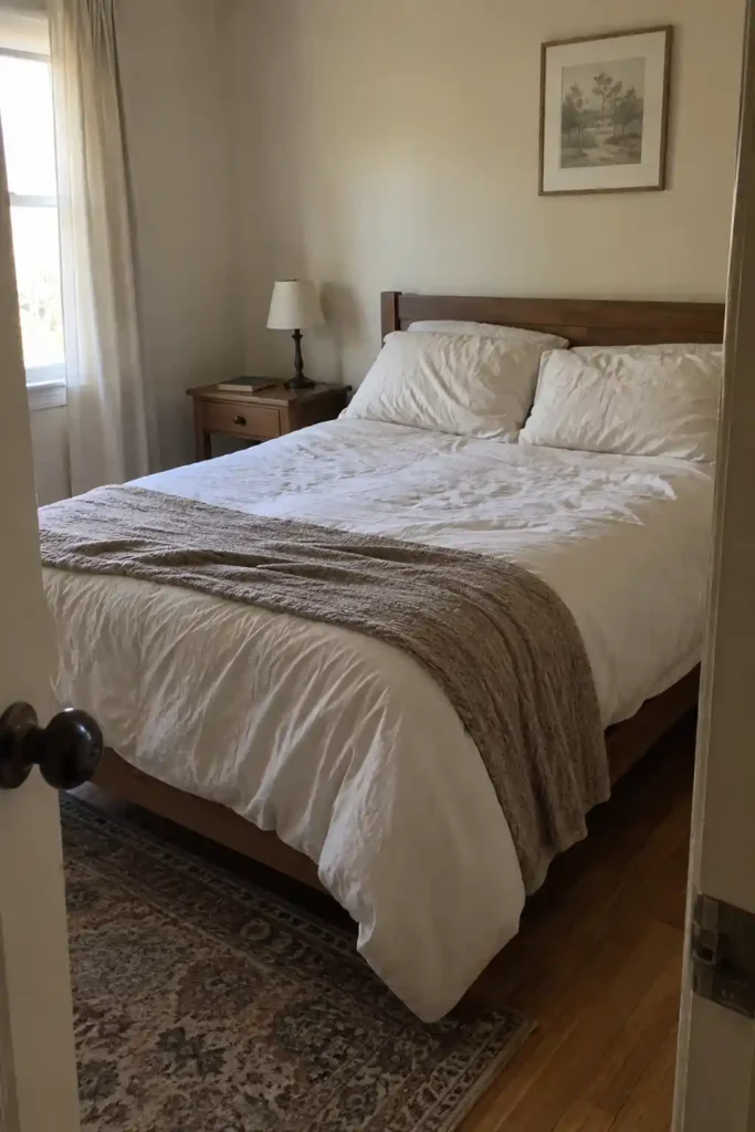 Wooden bed with white bedding and a textured throw, beside a clear nightstand with a lamp and book.