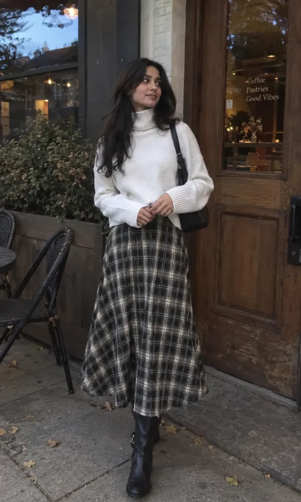 Woman wearing a white turtleneck sweater with a black and white plaid maxi skirt and black knee-high boots outside a rustic cafe