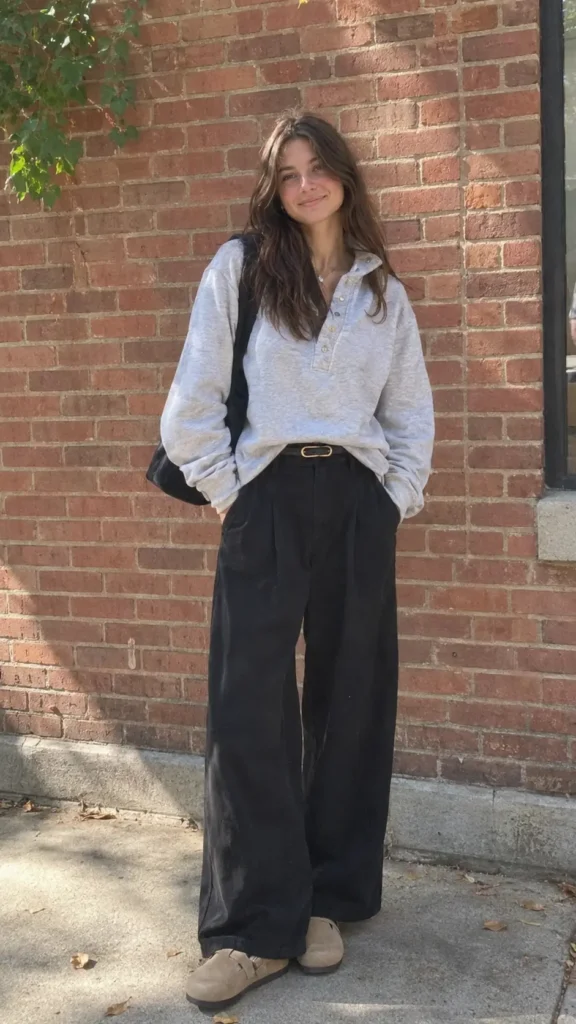 Woman wearing a relaxed gray henley pullover with wide-leg black pants and neutral suede clogs while standing outdoors by a brick wall on a sunny fall day.