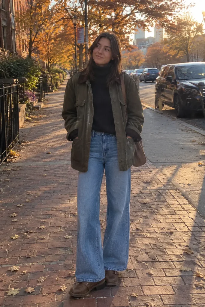 Woman wearing an olive green barn jacket, black turtleneck sweater, wide-leg blue jeans, and brown leather boots for a casual fall outfit on a city sidewalk.