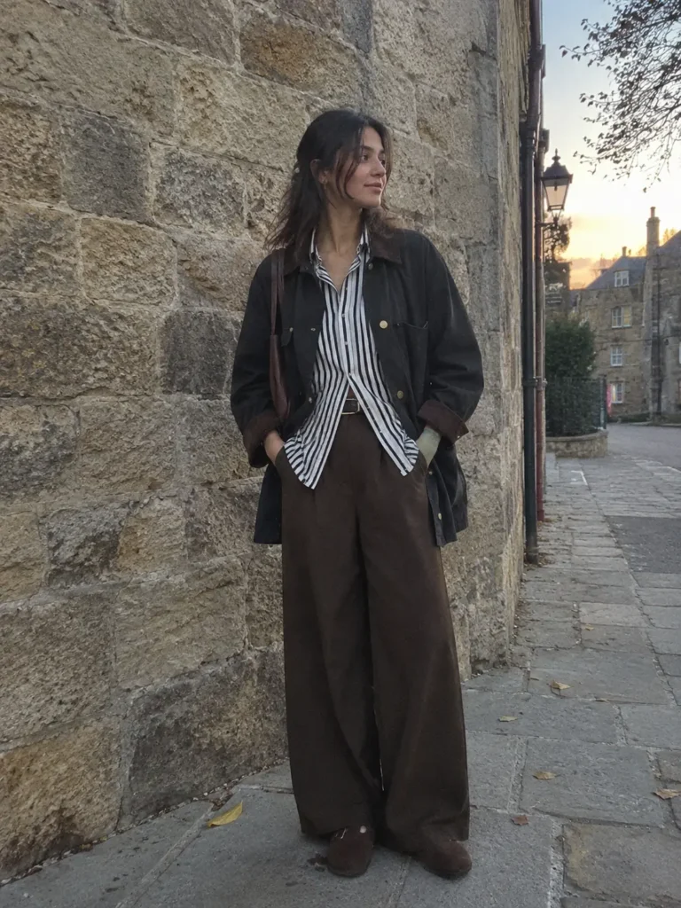 Woman wearing a dark barn jacket over a black and white striped shirt with brown wide-leg trousers and leather clogs for a casual fall street style outfit.