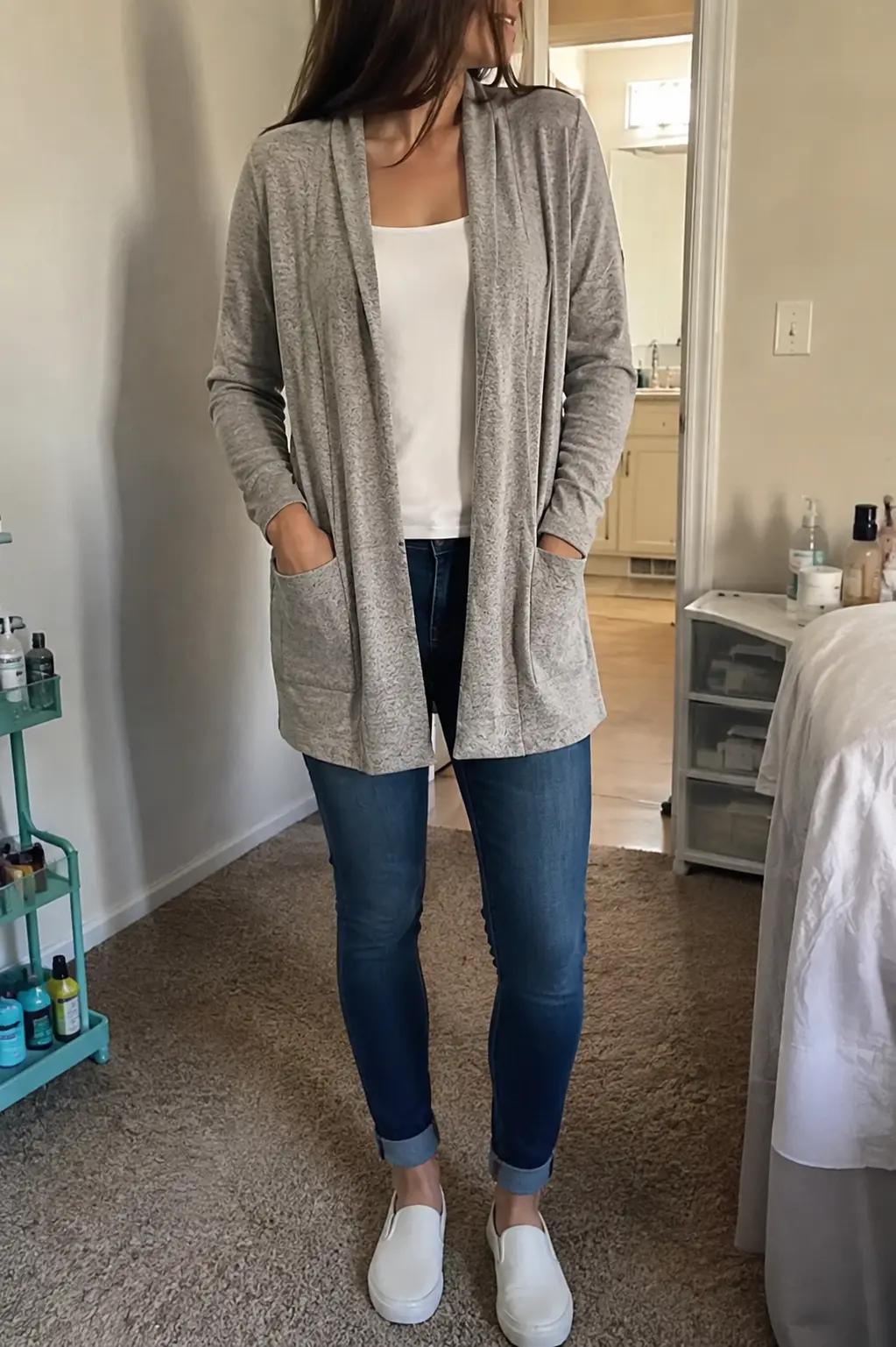 LILLUSORY lightweight open-front cardigan in coffee grey worn over jeans and a white t-shirt