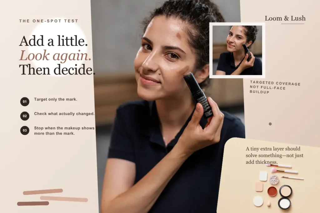 Woman applying targeted concealer to one acne mark with makeup products nearby