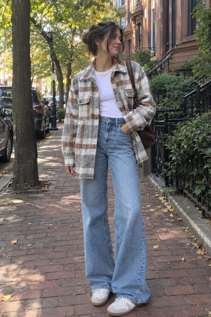 Woman wearing a brown and cream plaid shacket with wide-leg jeans and retro sneakers on a fall city street