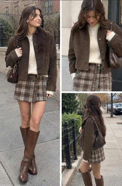 Three views of a woman wearing a brown suede jacket over a cream sweater with a brown and cream plaid mini skirt, brown knee-high boots, and a brown shoulder bag.