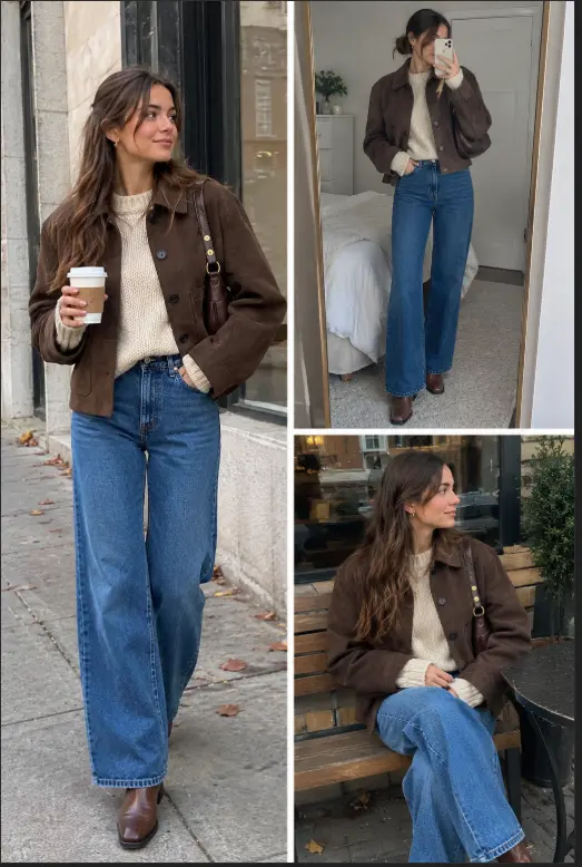Woman wearing a brown suede jacket over a cream knit sweater with blue jeans, brown ankle boots, and a brown shoulder bag.