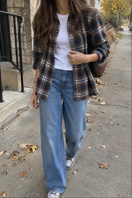 Woman wearing an open brown and navy plaid shirt over a white T-shirt with wide-leg blue jeans, sneakers, and a brown shoulder bag.