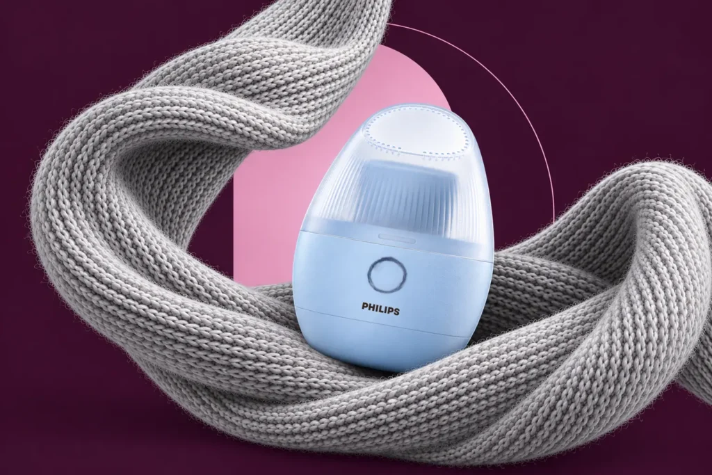 Light blue Philips fabric shaver framed by curved grey knitwear against a plum background for How to Remove Pilling from Sweaters