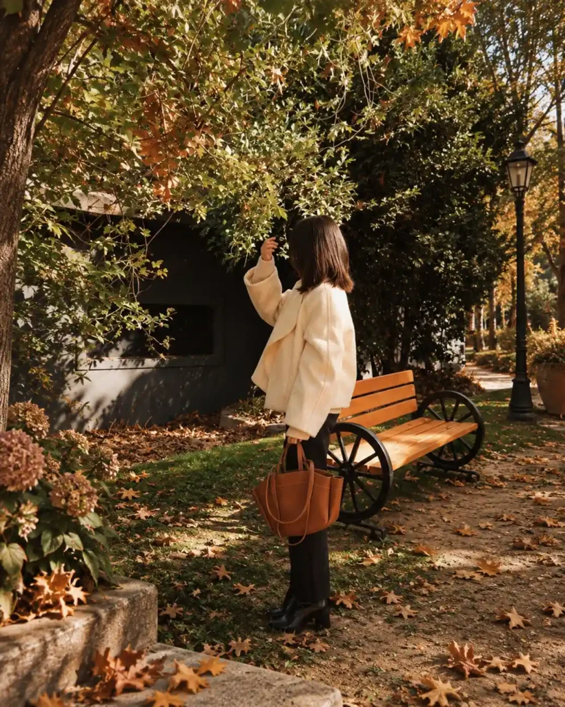 Woman in a cream jacket carrying a brown tote in an autumn park