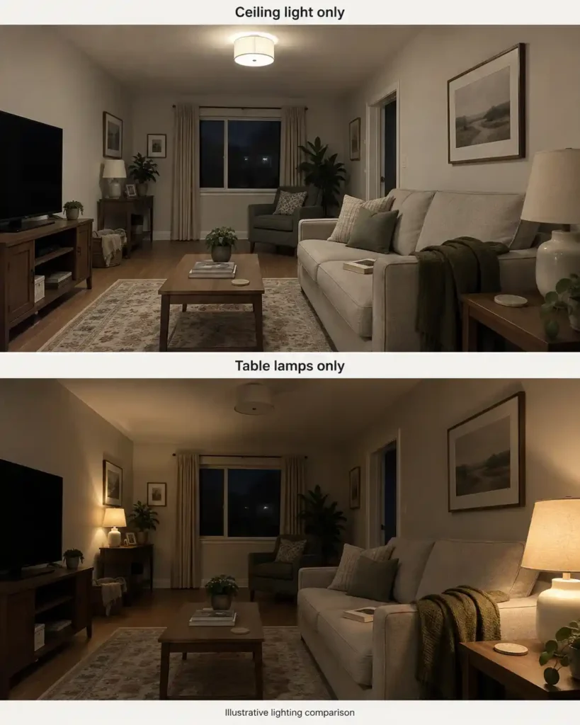 Two views of a living room: overhead lighting above and warm table lamps illuminating the sofa and console below.