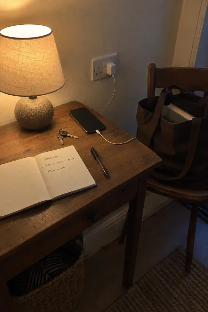 Lamp-lit wooden table with a handwritten to-do list, keys and charging phone, beside a chair holding a packed brown bag.