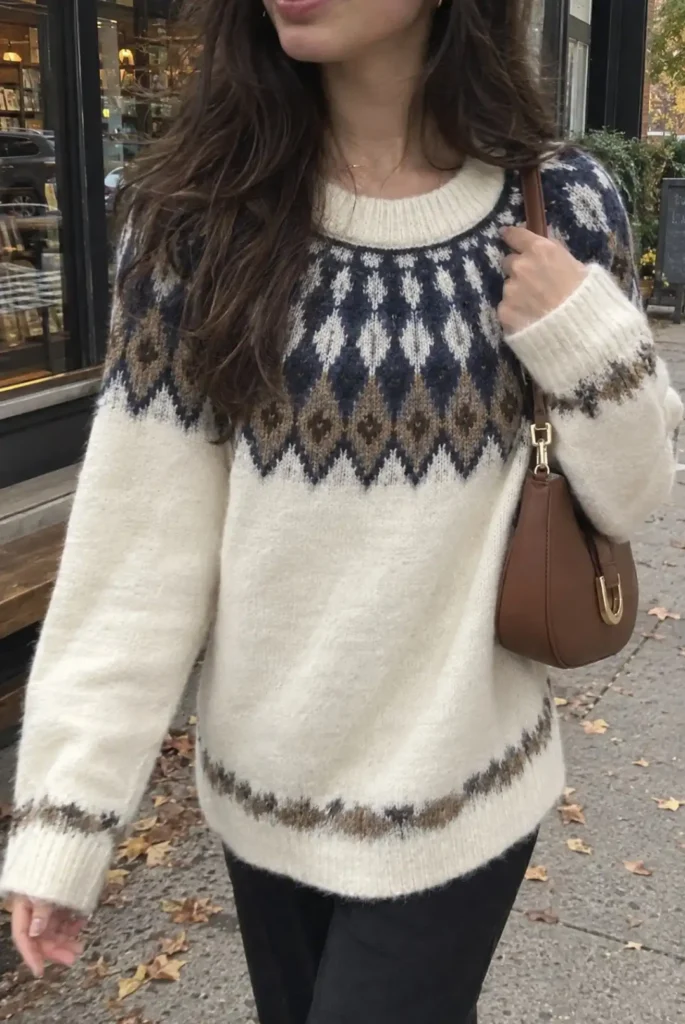 Cream Fair Isle sweater with navy and brown knit pattern styled with a brown shoulder bag for a cozy fall outfit
