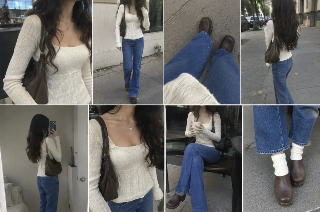 Cream fitted knit top with straight-leg blue jeans, brown ankle boots, and a brown shoulder bag for an easy fall outfit