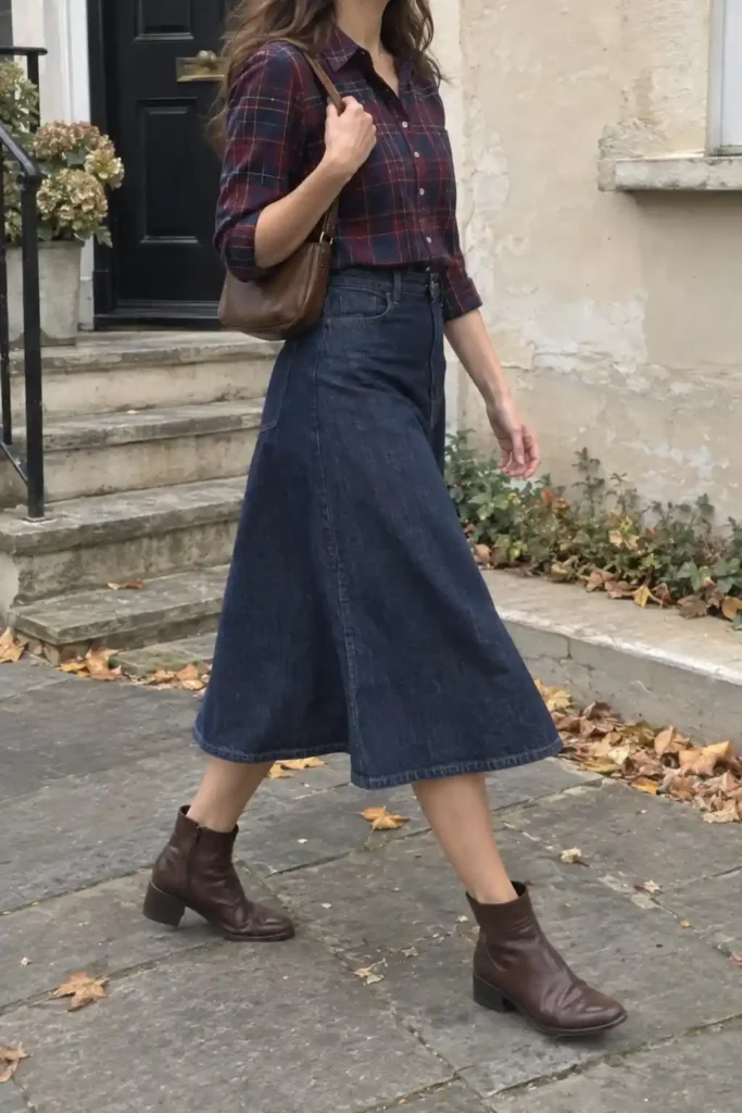 Woman walking in a tucked burgundy and navy plaid shirt, dark denim A-line midi skirt, and brown ankle boots, carrying a brown shoulder bag.