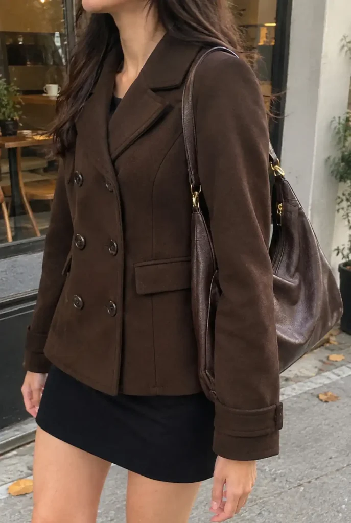 Woman wearing a dark chocolate brown peacoat with a black mini skirt and matching brown shoulder bag for a fall outfit