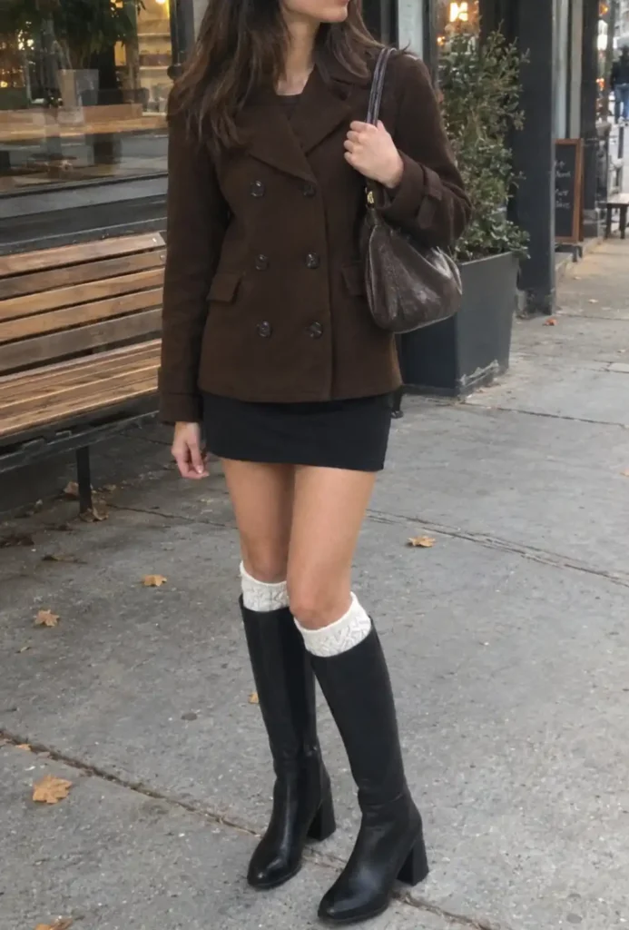 Dark chocolate brown peacoat styled with a black mini skirt, tall black boots, cream socks, and a brown shoulder bag for a fall outfit