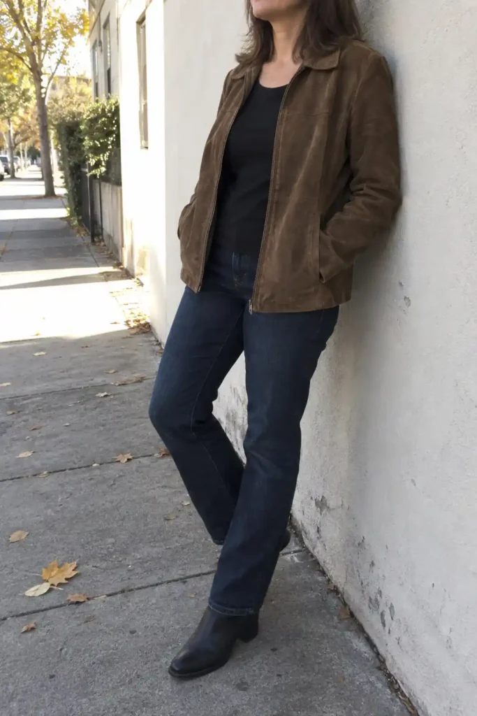 Woman leaning against a wall in a brown suede jacket, black top, dark indigo jeans, and black ankle boots.