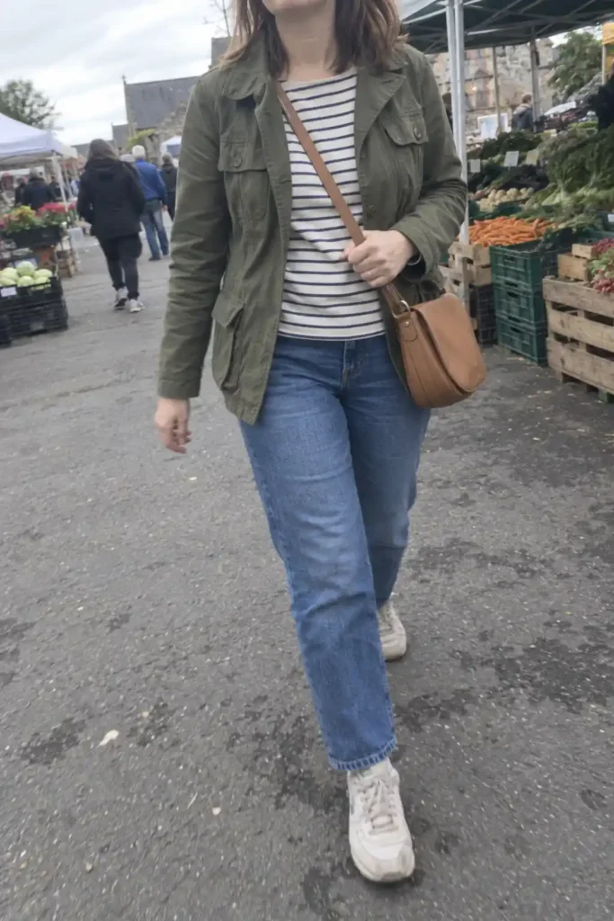 Woman at an outdoor market wearing an olive utility jacket, striped tee, relaxed blue jeans, sneakers, and a tan crossbody bag.