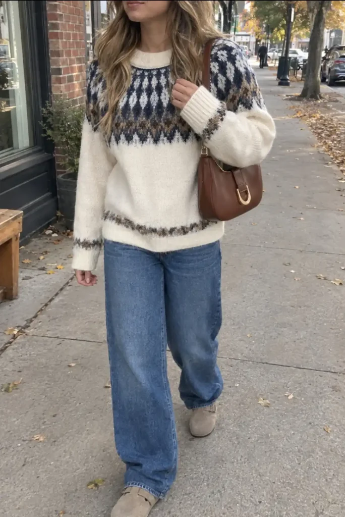 Cream Fair Isle sweater with relaxed blue jeans, brown shoulder bag, and neutral shoes for an easy fall outfit