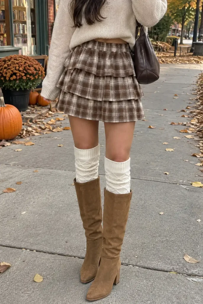 Oatmeal knit sweater with a brown plaid mini skirt, cream socks, tall brown boots, and a shoulder bag for a fall outfit