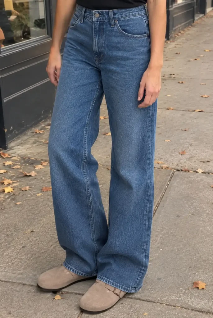 Relaxed blue jeans styled with a black top and taupe casual shoes for an easy fall outfit