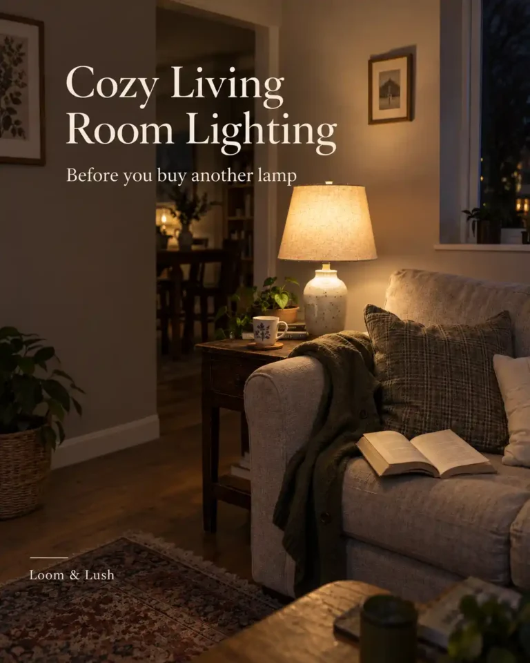Warm table lamp beside a sofa and open book, with the cover title “Cozy Living Room Lighting.”