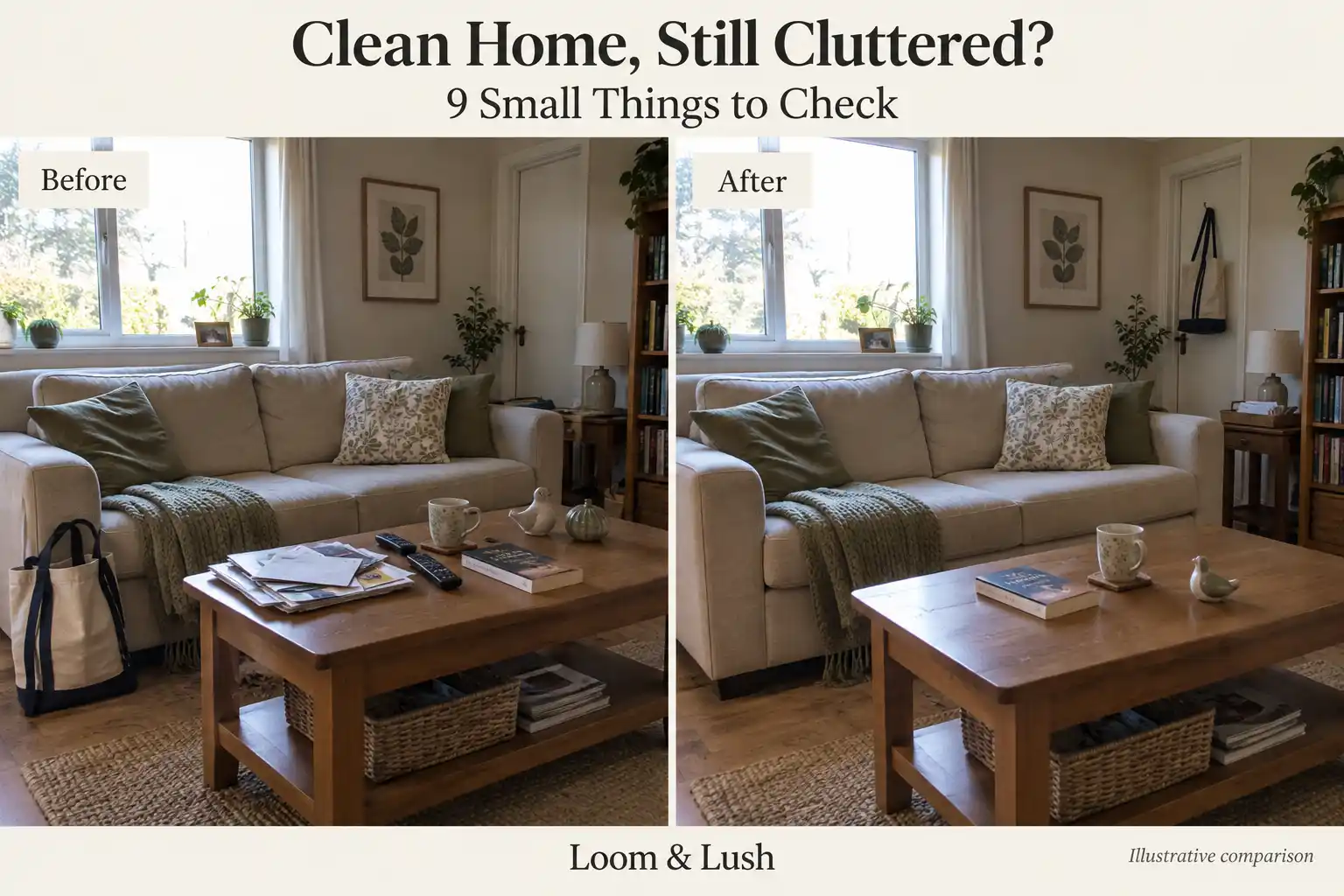 Before-and-after living room comparison showing a crowded coffee table rearranged with more open space and a tote moved to a hook.