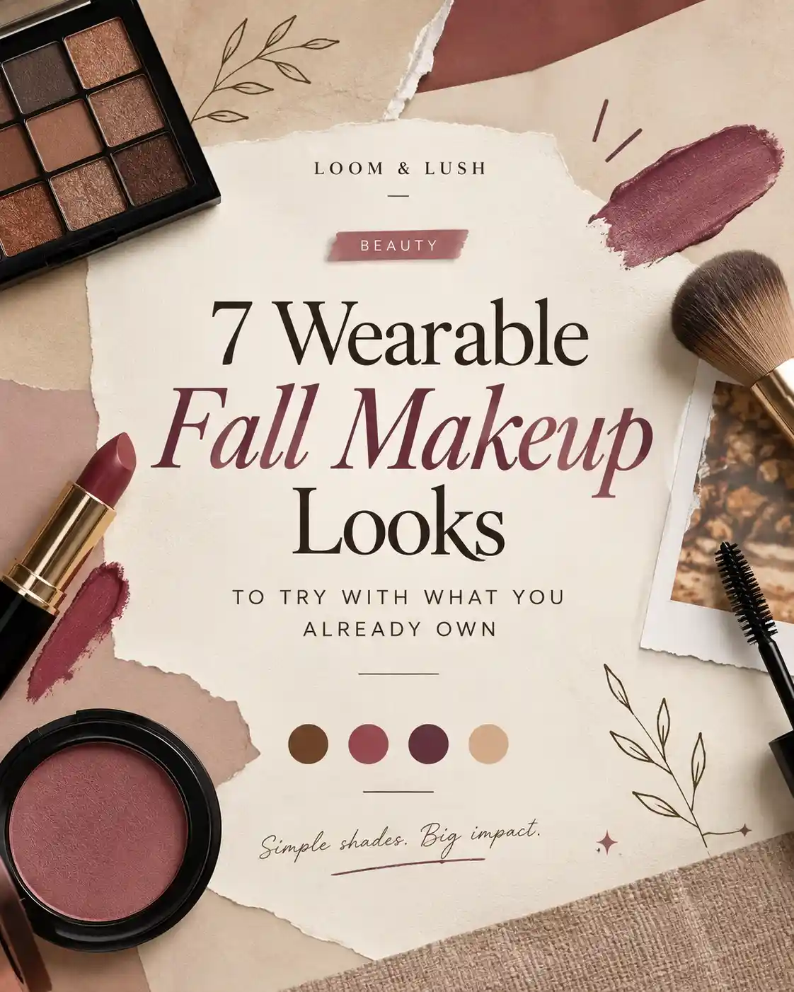 Woman wearing soft brown eyeshadow, rosy blush, and berry lips beside the text “7 Wearable Fall Makeup Looks.”