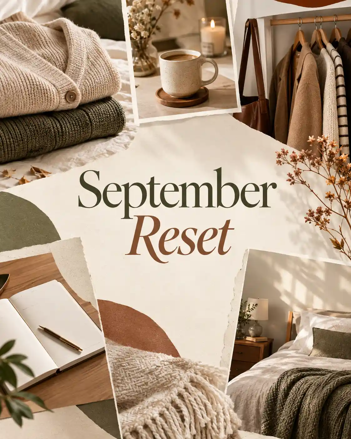 September reset banner with a gray cardigan and cream throw on a wooden chair beside a table with a mug and notebook