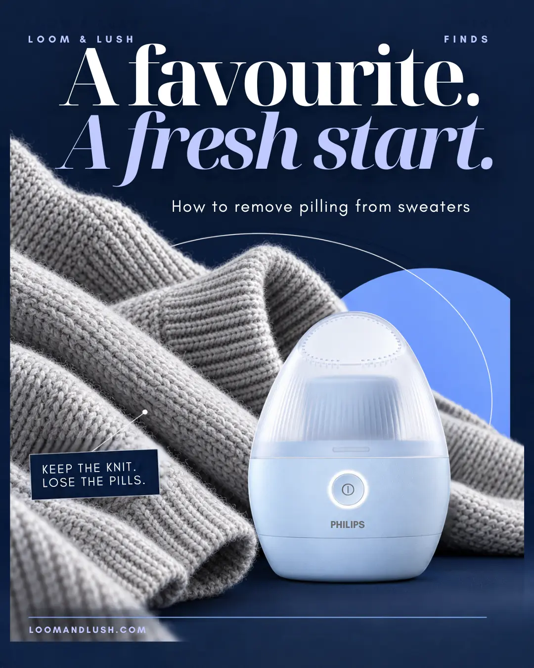 Philips fabric shaver beside a grey knitted sweater on a navy blue background.