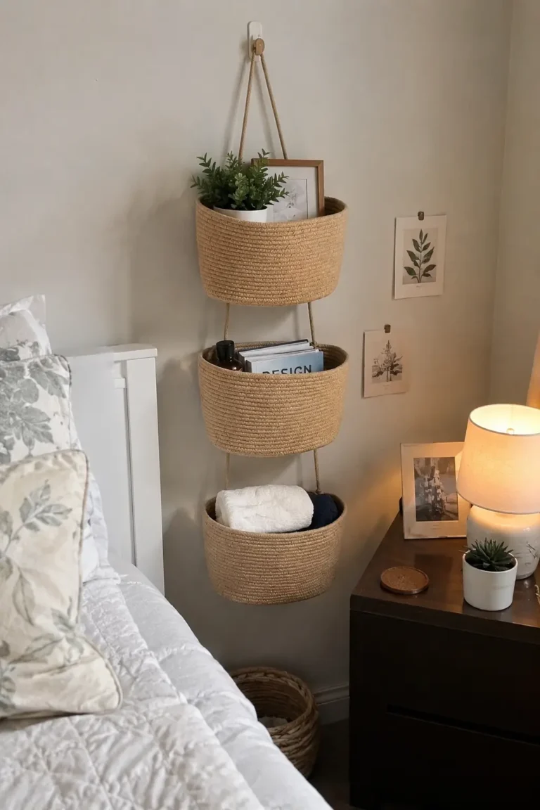 3-Tier woven cotton hanging wall basket with jute color rope storage organizer next to a cozy bed