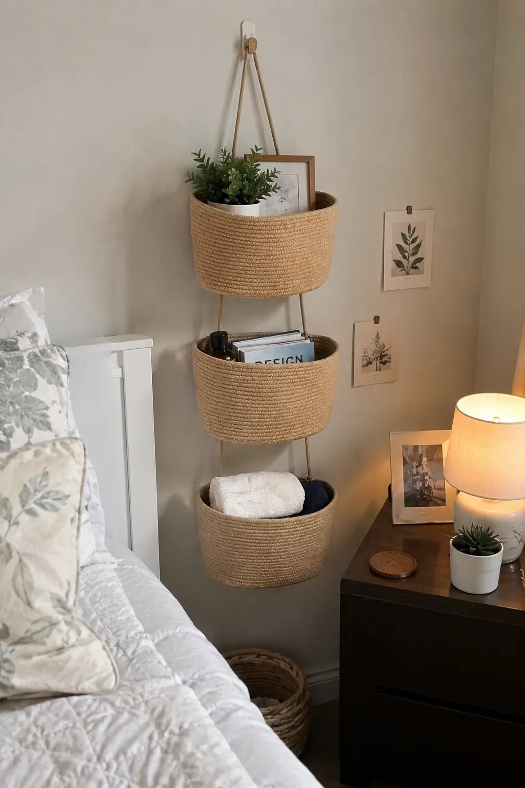 3-Tier woven cotton hanging wall basket with jute color rope storage organizer next to a cozy bed