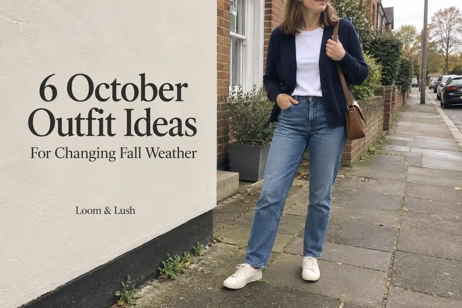 October outfit ideas cover with a navy cardigan, white tee, blue jeans, and neutral sneakers.
