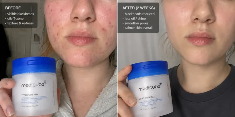 Medicube Zero Pore Pad before and after skincare comparison showing visibly smoother, clearer-looking skin with reduced appearance of pores and blemishes after two weeks.